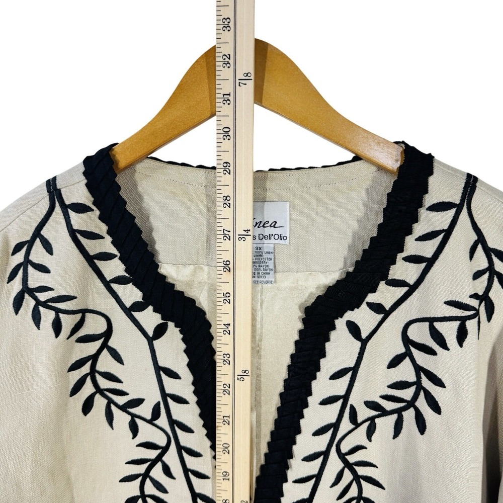 Linea Top Womens 3X Beige Black Linen Embroidered Boho Tunic Open Front Artsy - Picture 7 of 9